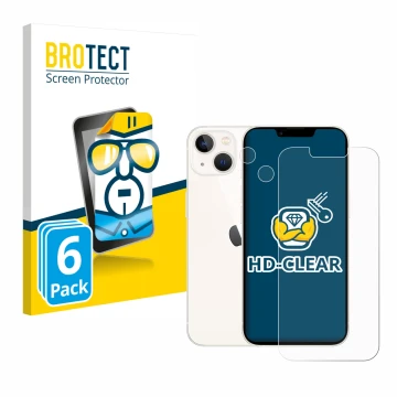 Vorderseite einer Produktverpackung mit dem Markenlogo BROTECT. Daneben ist das Gerät Apple iPhone 13 (Display+Kamera) mit dem