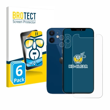 Vorderseite einer Produktverpackung mit dem Markenlogo BROTECT. Daneben ist das Gerät Apple iPhone 12 mini (Display+Kamera) mi