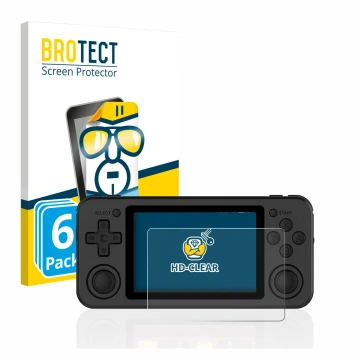 Vorderseite einer Produktverpackung mit dem Markenlogo BROTECT. Daneben ist das Gerät Anbernic RG351P mit dem zugehörigen Disp