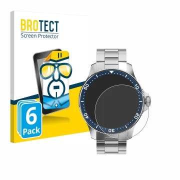 Vorderseite einer Produktverpackung mit dem Markenlogo BROTECT. Daneben ist das Gerät Withings ScanWatch Horizon (43 mm) mit d