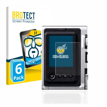 Vorderseite einer Produktverpackung mit dem Markenlogo BROTECT. Daneben ist das Gerät Fujifilm Instax Mini Evo mit dem zugehör