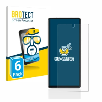 Vorderseite einer Produktverpackung mit dem Markenlogo BROTECT. Daneben ist das Gerät Google Pixel 6a mit dem zugehörigen Disp