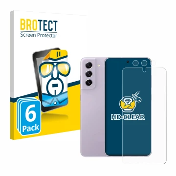 Vorderseite einer Produktverpackung mit dem Markenlogo BROTECT. Daneben ist das Gerät Samsung Galaxy S21 FE 5G (Display+Kamera