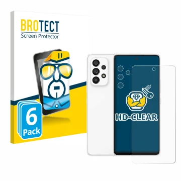 Vorderseite einer Produktverpackung mit dem Markenlogo BROTECT. Daneben ist das Gerät Samsung Galaxy A53 5G (Display+Kamera) m