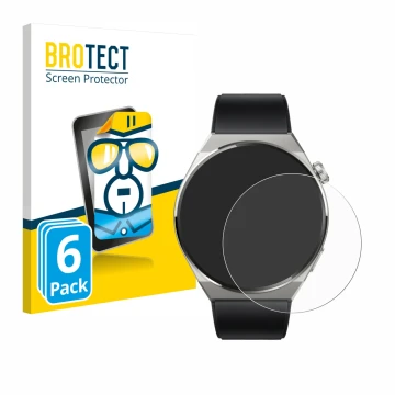 Vorderseite einer Produktverpackung mit dem Markenlogo BROTECT. Daneben ist das Gerät Huawei Watch GT 3 Pro Titanium (46mm) mi