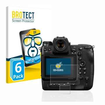 Vorderseite einer Produktverpackung mit dem Markenlogo BROTECT. Daneben ist das Gerät Nikon Z 9 (Display + Schulterdisplay) mi