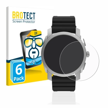 Vorderseite einer Produktverpackung mit dem Markenlogo BROTECT. Daneben ist das Gerät Fossil Gen 6 Hybrid Machine (45mm) mit d