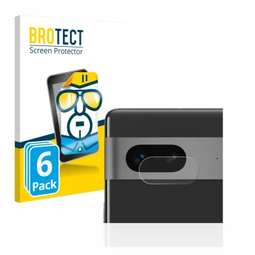 Vorderseite einer Produktverpackung mit dem Markenlogo BROTECT. Daneben ist das Gerät Google Pixel 7 (NUR Kameraschutz) mit de