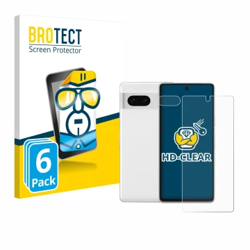 Vorderseite einer Produktverpackung mit dem Markenlogo BROTECT. Daneben ist das Gerät Google Pixel 7 (Display+Kamera) mit dem 