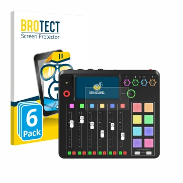 Vorderseite einer Produktverpackung mit dem Markenlogo BROTECT. Daneben ist das Gerät Rode Rodecaster Pro II mit dem zugehörig