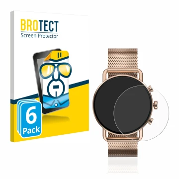 Vorderseite einer Produktverpackung mit dem Markenlogo BROTECT. Daneben ist das Gerät Skagen Falster Gen 6 (41 mm) mit dem zug