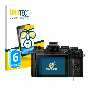 Vorderseite einer Produktverpackung mit dem Markenlogo BROTECT. Daneben ist das Gerät Olympus OM System OM-5 mit dem zugehörig