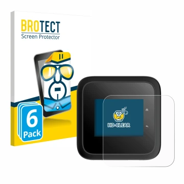 Vorderseite einer Produktverpackung mit dem Markenlogo BROTECT. Daneben ist das Gerät Netgear Nighthawk M6 Pro mit dem zugehör