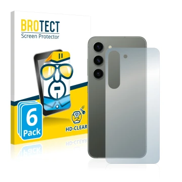Vorderseite einer Produktverpackung mit dem Markenlogo BROTECT. Daneben ist das Gerät Samsung Galaxy S23 Plus (Rückseite) mit 