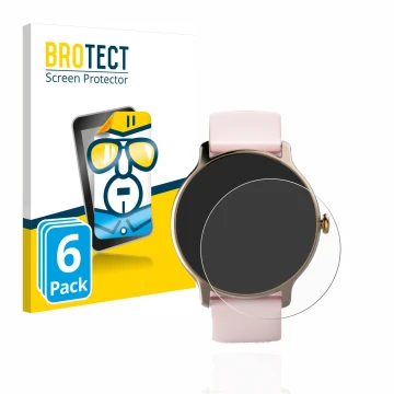Vorderseite einer Produktverpackung mit dem Markenlogo BROTECT. Daneben ist das Gerät Hama Fit Watch 4910 mit dem zugehörigen 