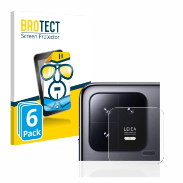 Vorderseite einer Produktverpackung mit dem Markenlogo BROTECT. Daneben ist das Gerät Xiaomi 13 (NUR Kameraschutz) mit dem zug
