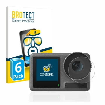 Vorderseite einer Produktverpackung mit dem Markenlogo BROTECT. Daneben ist das Gerät DJI Osmo Action 3 (Linse) mit dem zugehö