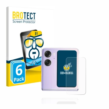 Vorderseite einer Produktverpackung mit dem Markenlogo BROTECT. Daneben ist das Gerät Oppo Find N2 Flip (Hinteres Display) mit