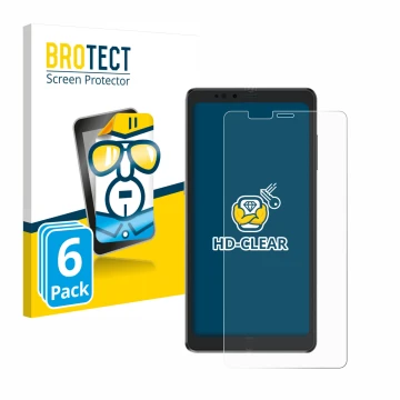 Vorderseite einer Produktverpackung mit dem Markenlogo BROTECT. Daneben ist das Gerät Hisense A9 mit dem zugehörigen Displaysc