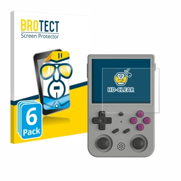 Vorderseite einer Produktverpackung mit dem Markenlogo BROTECT. Daneben ist das Gerät Anbernic RG353V mit dem zugehörigen Disp