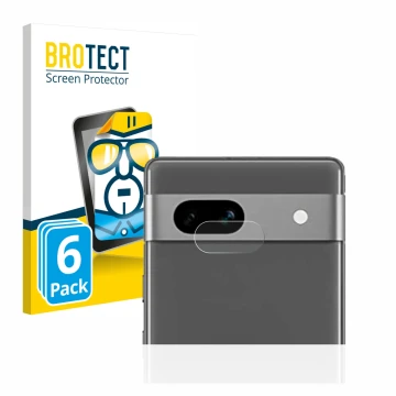 Vorderseite einer Produktverpackung mit dem Markenlogo BROTECT. Daneben ist das Gerät Google Pixel 7a (NUR Kameraschutz) mit d