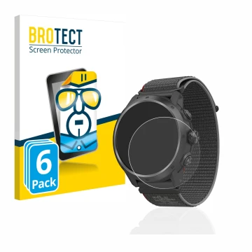 Vorderseite einer Produktverpackung mit dem Markenlogo BROTECT. Daneben ist das Gerät Coros Apex 2 Pro mit dem zugehörigen Dis