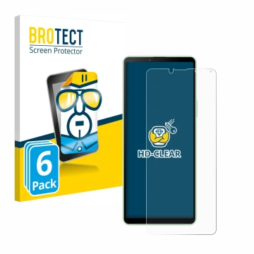 Vorderseite einer Produktverpackung mit dem Markenlogo BROTECT. Daneben ist das Gerät Sony Xperia 10 V mit dem zugehörigen Dis