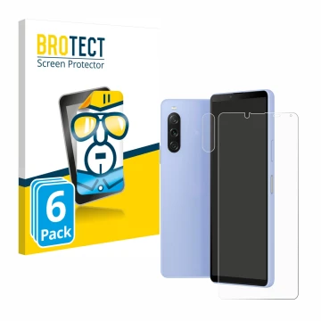 Vorderseite einer Produktverpackung mit dem Markenlogo BROTECT. Daneben ist das Gerät Sony Xperia 10 V (Display+Kamera) mit de