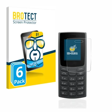 Vorderseite einer Produktverpackung mit dem Markenlogo BROTECT. Daneben ist das Gerät Nokia 110 (2023) mit dem zugehörigen Dis