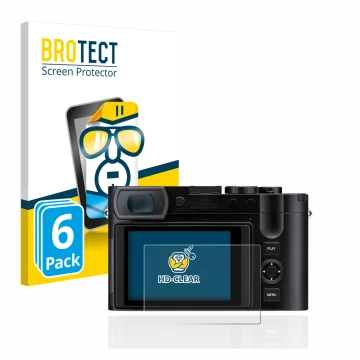 Vorderseite einer Produktverpackung mit dem Markenlogo BROTECT. Daneben ist das Gerät Leica Q3 mit dem zugehörigen Displayschu