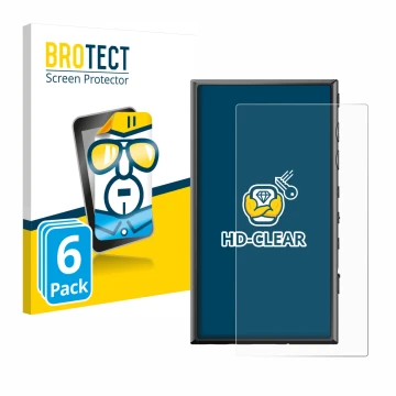 Vorderseite einer Produktverpackung mit dem Markenlogo BROTECT. Daneben ist das Gerät Sony Walkman NW-A306 mit dem zugehörigen