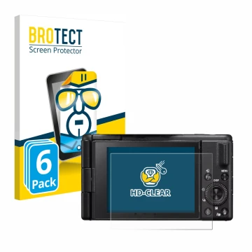 Vorderseite einer Produktverpackung mit dem Markenlogo BROTECT. Daneben ist das Gerät Sony ZV-1M2 mit dem zugehörigen Displays