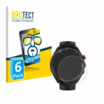 Vorderseite einer Produktverpackung mit dem Markenlogo BROTECT. Daneben ist das Gerät Garmin Approach S70 (47 mm) mit dem zuge