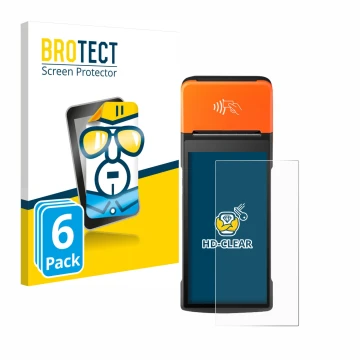 Vorderseite einer Produktverpackung mit dem Markenlogo BROTECT. Daneben ist das Gerät Sunmi V2 Pro mit dem zugehörigen Display