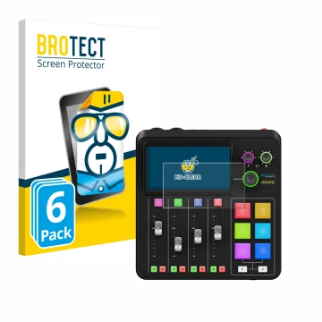 Vorderseite einer Produktverpackung mit dem Markenlogo BROTECT. Daneben ist das Gerät Rode Rodecaster Duo mit dem zugehörigen 