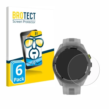 Vorderseite einer Produktverpackung mit dem Markenlogo BROTECT. Daneben ist das Gerät Garmin Approach S70 (42 mm) mit dem zuge