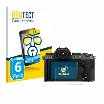 Vorderseite einer Produktverpackung mit dem Markenlogo BROTECT. Daneben ist das Gerät Fujifilm X-S20 mit dem zugehörigen Displ