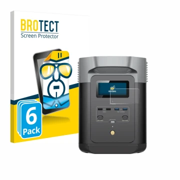 Vorderseite einer Produktverpackung mit dem Markenlogo BROTECT. Daneben ist das Gerät EcoFlow DELTA 2 mit dem zugehörigen Disp