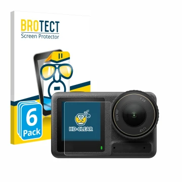 Vorderseite einer Produktverpackung mit dem Markenlogo BROTECT. Daneben ist das Gerät DJI Osmo Action 4 (Vorderes Display) mit