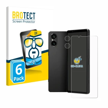 Vorderseite einer Produktverpackung mit dem Markenlogo BROTECT. Daneben ist das Gerät Sony Xperia 5 V (Display+Kamera) mit dem