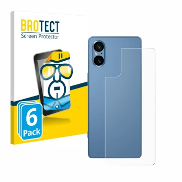 Vorderseite einer Produktverpackung mit dem Markenlogo BROTECT. Daneben ist das Gerät Sony Xperia 5 V (Rückseite) mit dem zuge