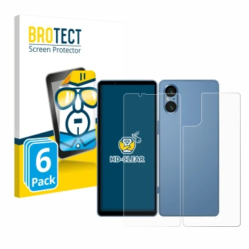 Vorderseite einer Produktverpackung mit dem Markenlogo BROTECT. Daneben ist das Gerät Sony Xperia 5 V (Display+Rückseite) mit 