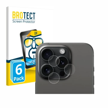 Vorderseite einer Produktverpackung mit dem Markenlogo BROTECT. Daneben ist das Gerät Apple iPhone 15 Pro (NUR Kameraschutz) m