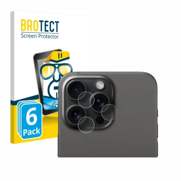 Vorderseite einer Produktverpackung mit dem Markenlogo BROTECT. Daneben ist das Gerät Apple iPhone 15 Pro Max (NUR Kameraschut