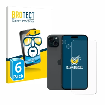 Vorderseite einer Produktverpackung mit dem Markenlogo BROTECT. Daneben ist das Gerät Apple iPhone 15 Plus (Display+Kamera) mi