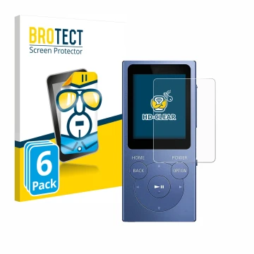 Vorderseite einer Produktverpackung mit dem Markenlogo BROTECT. Daneben ist das Gerät Sony Walkman NW-E394 mit dem zugehörigen