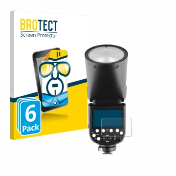 Vorderseite einer Produktverpackung mit dem Markenlogo BROTECT. Daneben ist das Gerät Godox V1 mit dem zugehörigen Displayschu