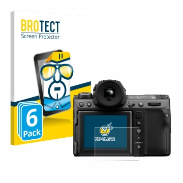 Vorderseite einer Produktverpackung mit dem Markenlogo BROTECT. Daneben ist das Gerät Fujifilm GFX100 II mit dem zugehörigen D