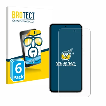 Vorderseite einer Produktverpackung mit dem Markenlogo BROTECT. Daneben ist das Gerät Samsung Galaxy S23 FE mit dem zugehörige
