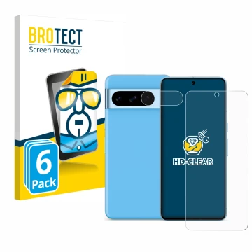 Vorderseite einer Produktverpackung mit dem Markenlogo BROTECT. Daneben ist das Gerät Google Pixel 8 Pro (Display+Kamera) mit 